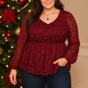 Maurice’s Red Wine lace long sleeve sheer arm peplum top plus 2x holiday outfit